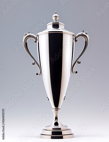 Silver Trophy Cup with Elegant Handles on Simple Background with Wide Copy Space for Text