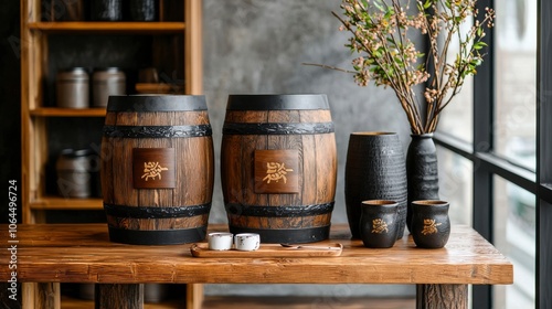 Elegant wooden barrels adorned with a minimalist decor, showcasing natural elements in a cozy, warm interior setting. photo