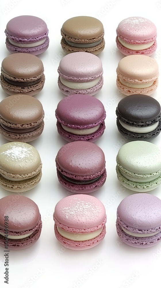 Obraz premium A beautifully arranged selection of macarons in various pastel colors, elegantly displayed against a pristine white background, highlighting their delicate textures and inviting sweetness 