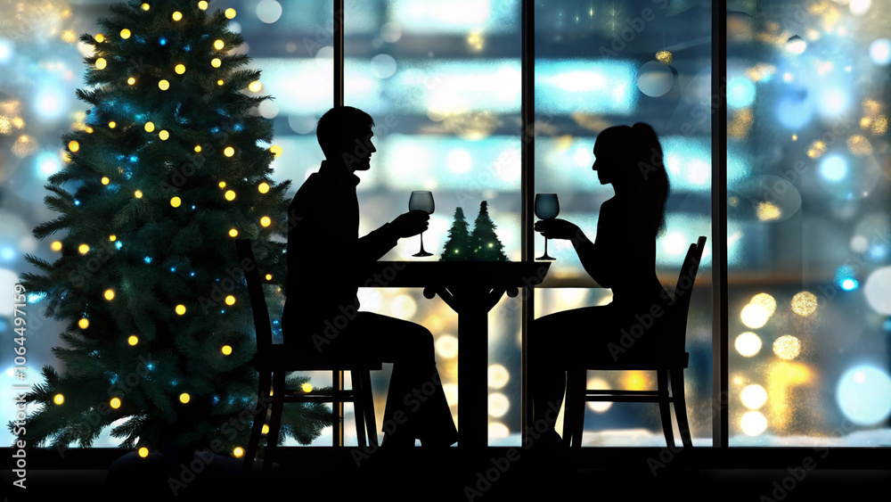 silhouettes of a couple with glasses celebrating the New Year against the background of a window