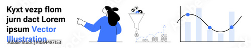 Businesswoman gesturing at lead generation funnel emphasizing data analysis. Line graph and bar chart depicting metrics. Ideal for marketing, data analysis, business strategy, lead conversion