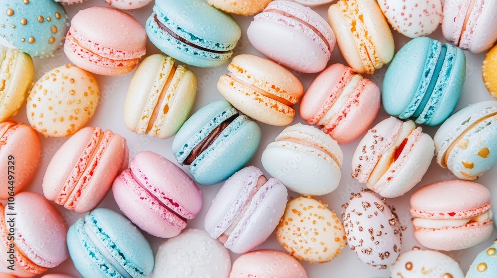 A beautifully arranged selection of macarons in various pastel colors, elegantly displayed against a pristine white background, highlighting their delicate textures and inviting sweetness A beautifully arranged selection of macarons in various pastel colors, elegantly displayed against a pristine white background, highlighting their delicate textures and inviting sweetness