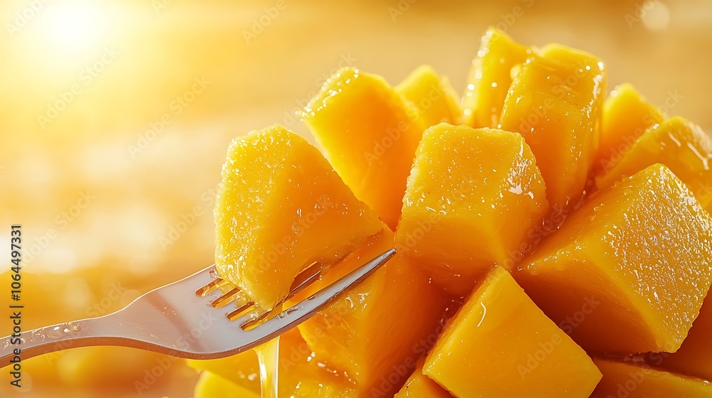 Juicy Mango Cubes with Fork Close up Juicy Mango Cubes with Fork Close up