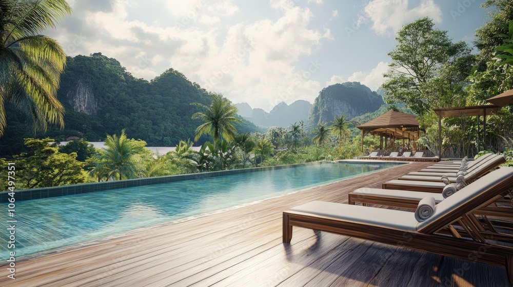 3D render of a resort swimming pool overviewing the scenery in the background. Poolside of a luxurious tourist resort with deck chairs on wooden flooring 3D render of a resort swimming pool overviewing the scenery in the background. Poolside of a luxurious tourist resort with deck chairs on wooden flooring