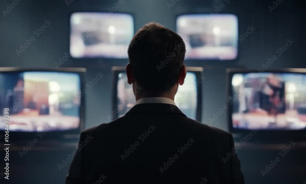 Man standing among television screens displaying blurred figures. Suitable for technology, advertising, media, surveillance concept designs. Man standing among television screens displaying blurred figures. Suitable for technology, advertising, media, surveillance concept designs.