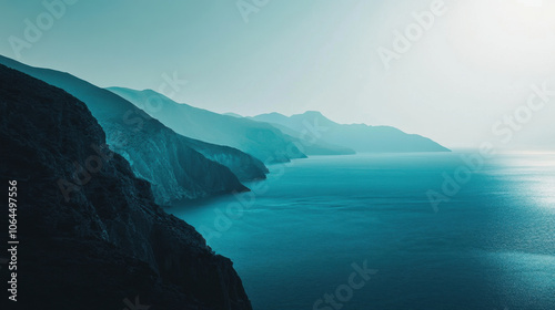 serene coastal landscape featuring dark blue and turquoise waters, with rugged cliffs and distant mountains creating tranquil atmosphere. soft light enhances peaceful scene