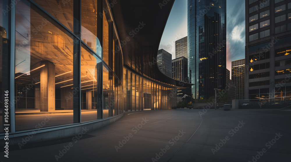 Contemporary Curved Skyscraper with Innovative Design and Glass Facade, Interior View of Active Office Space Contemporary Curved Skyscraper with Innovative Design and Glass Facade, Interior View of Active Office Space