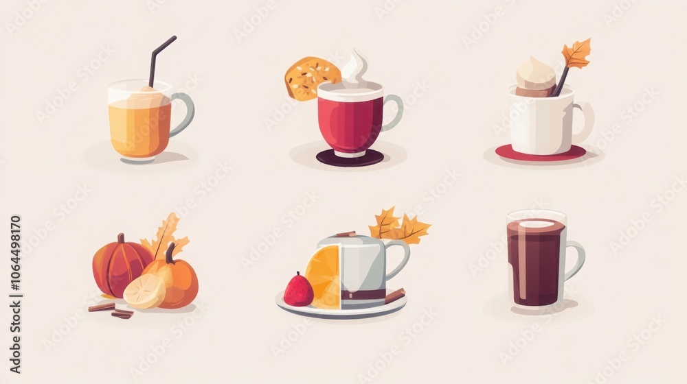 Colorful flat icons representing seasonal autumn foods and beverages for seasonal celebrations and festivities Colorful flat icons representing seasonal autumn foods and beverages for seasonal celebrations and festivities