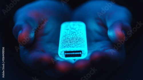 Closeup of hands holding a USB stick, blue digital aura surrounding it, data streams flowing into the device, macro focus