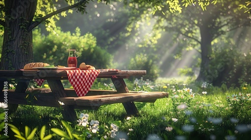 Picnic Table Illustration, Cartoon Background, 8K Realistic