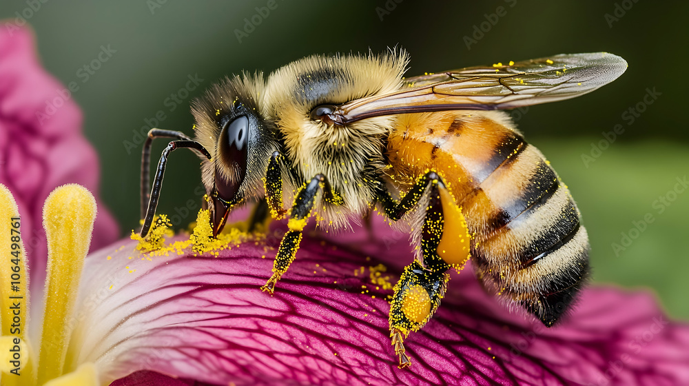 A close-up of a bee collecting pollen from a flower.