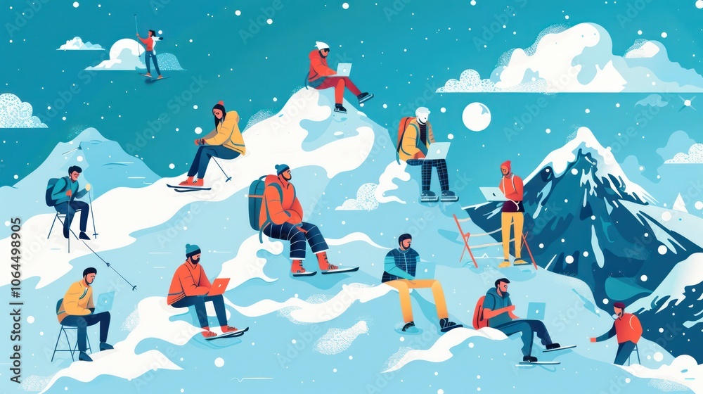Naklejka premium Professionals embracing the hybrid work lifestyle, balancing remote and office work. Illustrations