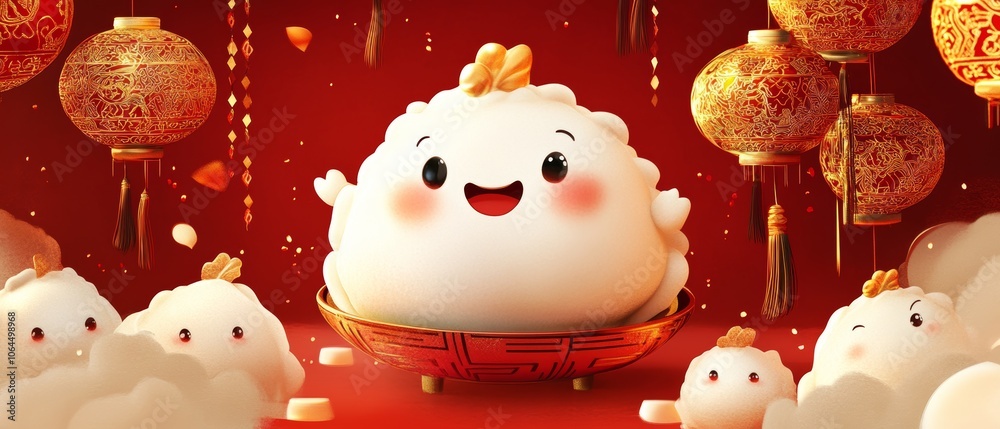 A whimsical cartoon dumpling character playfully set against a backdrop of intricate Chinese ornaments, radiating cultural charm and fun. A whimsical cartoon dumpling character playfully set against a backdrop of intricate Chinese ornaments, radiating cultural charm and fun.
