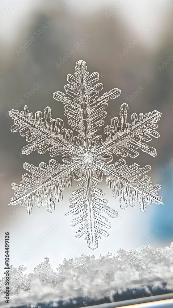 A delicate, six-pointed snowflake with intricate details, resting on a snowy surface.