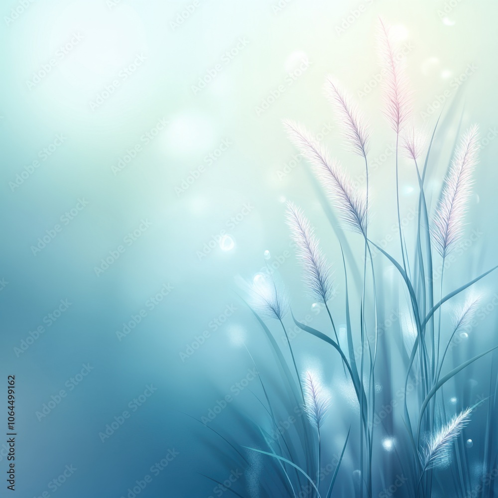 A serene landscape featuring delicate grass blades swaying gently in a soft, dreamy atmosphere with a soothing blue background.