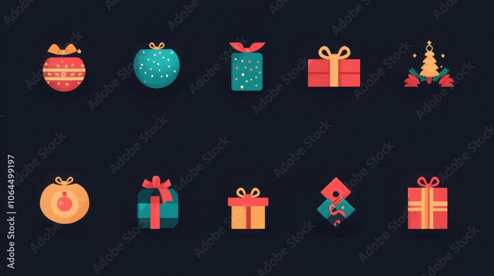 Flat design holiday gift icons celebrate the season with vibrant and festive illustrations for your projects Flat design holiday gift icons celebrate the season with vibrant and festive illustrations for your projects