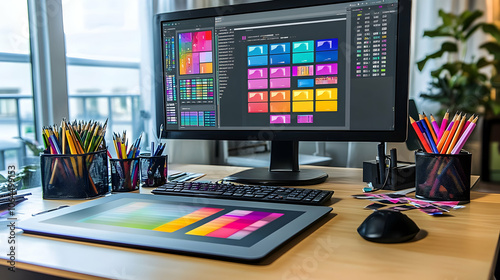 A desk with a computer, a graphics tablet, and colored pencils, suggesting graphic design work.