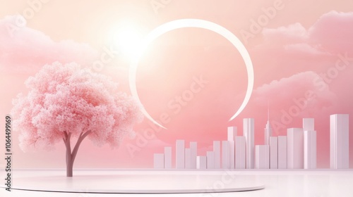 A serene landscape featuring a pink tree and a modern city under a soft pastel sky, symbolizing tranquility and beauty.