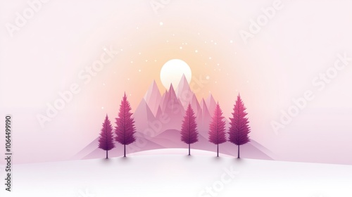 A serene landscape featuring pink mountains and fir trees under a glowing sun, perfect for nature-themed designs.