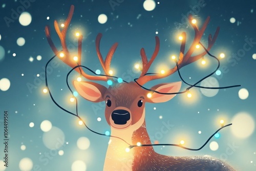 Charming illustrated reindeer adorned with twinkling lights perfectly tangle in antlers for a festive touch