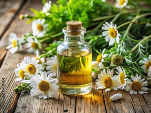 Essential Oil and Chamomile: A Serene Aromatherapy Scene with Natural Elements