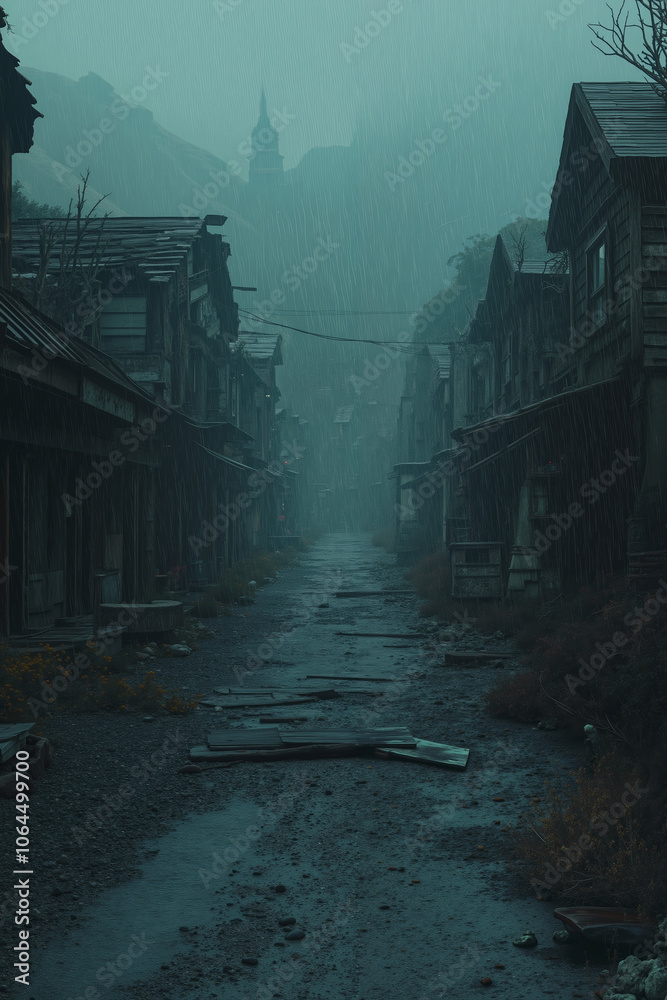 A desolate, rain-soaked street in a dilapidated town A desolate, rain-soaked street in a dilapidated town