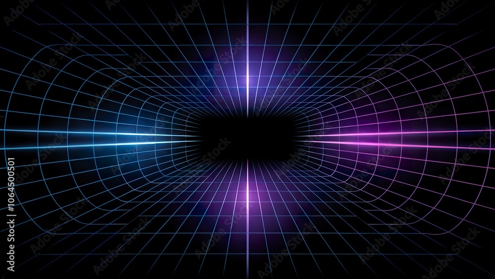 Abstract tunnel made of glowing lines on a black background. The tunnel has a grid pattern Abstract tunnel made of glowing lines on a black background. The tunnel has a grid pattern