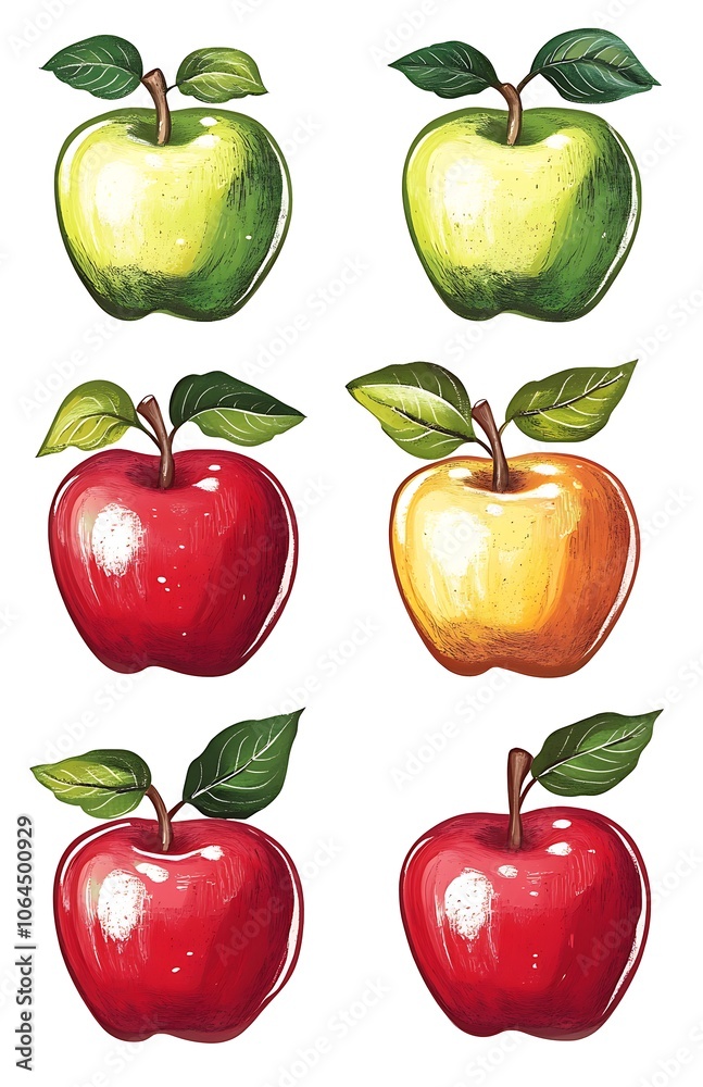 Six red and green apples with stems Six red and green apples with stems