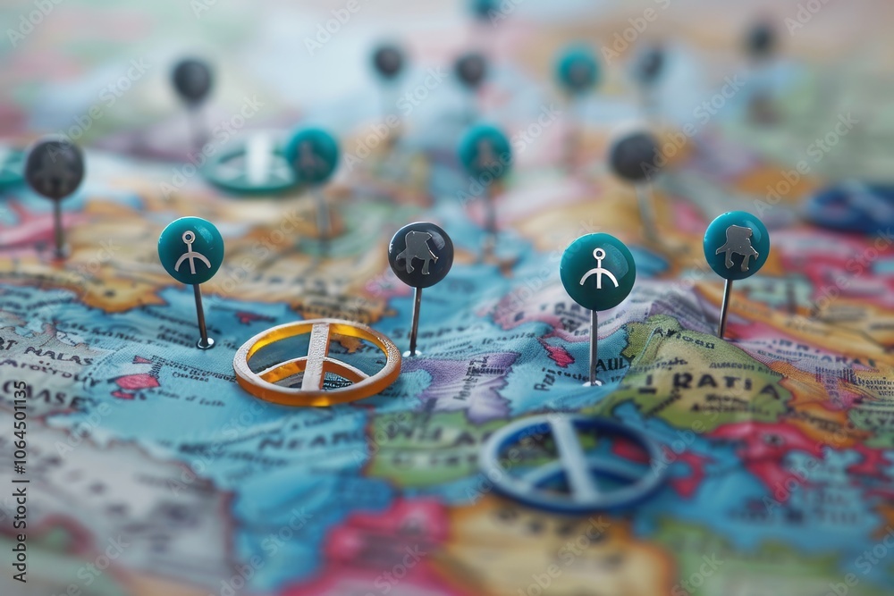 a map with pins marking battle sites, surrounded by peace symbols