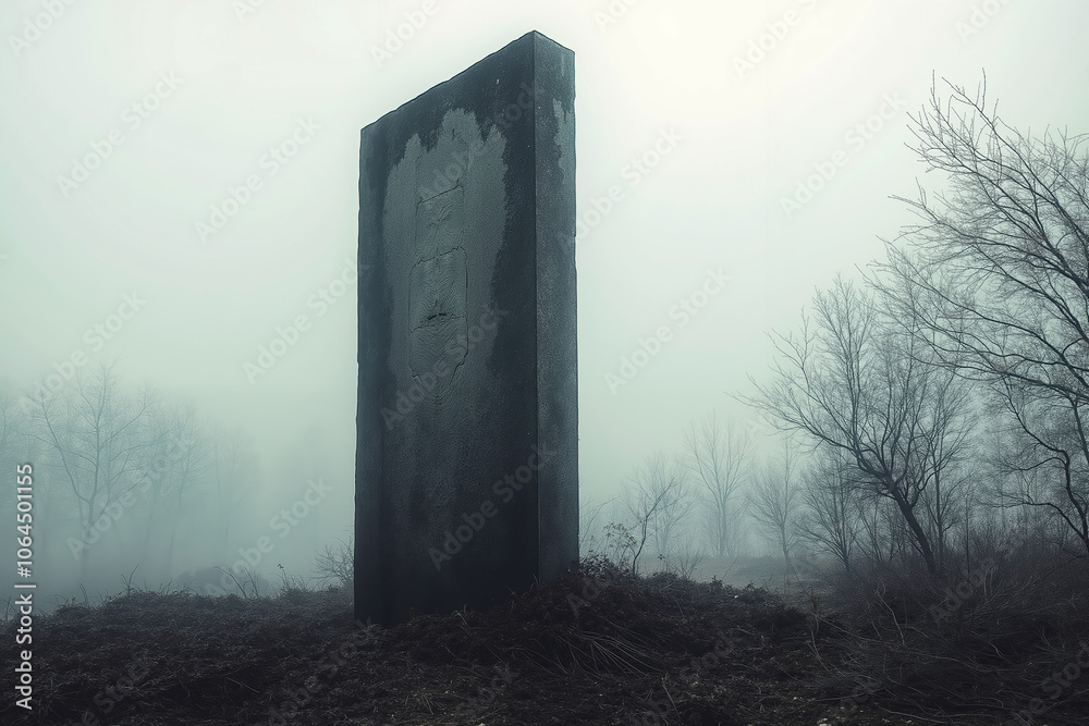 A tall, dark, weathered stone pillar stands in a foggy, overgrown field A tall, dark, weathered stone pillar stands in a foggy, overgrown field