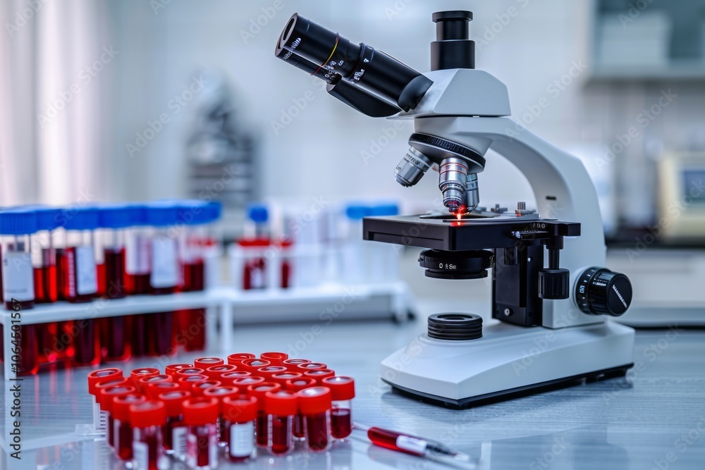 a medical laboratory with blood samples and a microscope