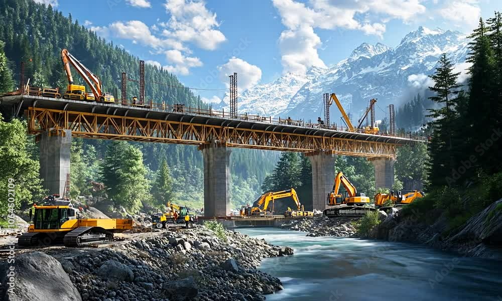 A construction site featuring a bridge under development in a mountainous landscape.