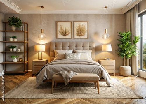 Cozy Modern Beige Bedroom Interior with Natural Decor and Linen Bedding