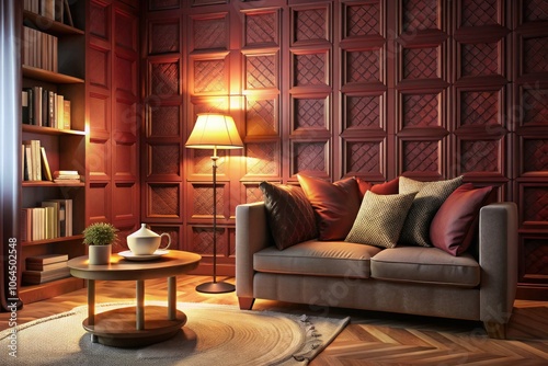 Cozy Reading Nook with Embossed Burgundy Walls and Warm Lighting for Book Lovers