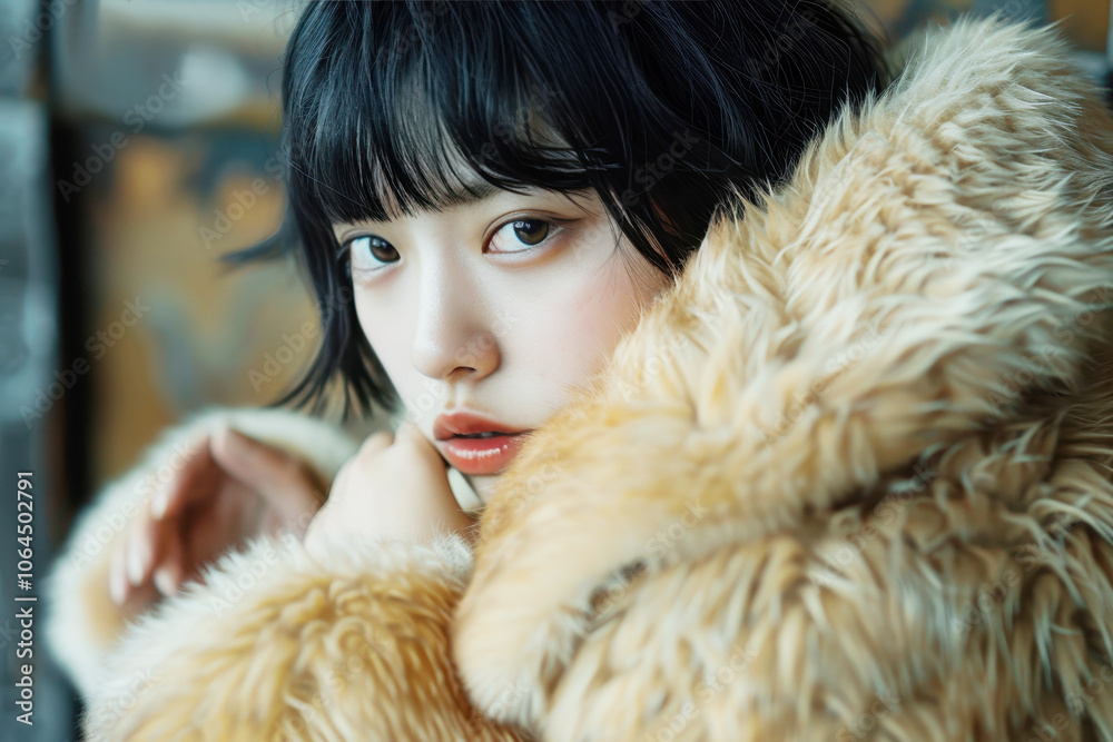 Portrait of a woman in a fur coat with intense gaze Portrait of a woman in a fur coat with intense gaze