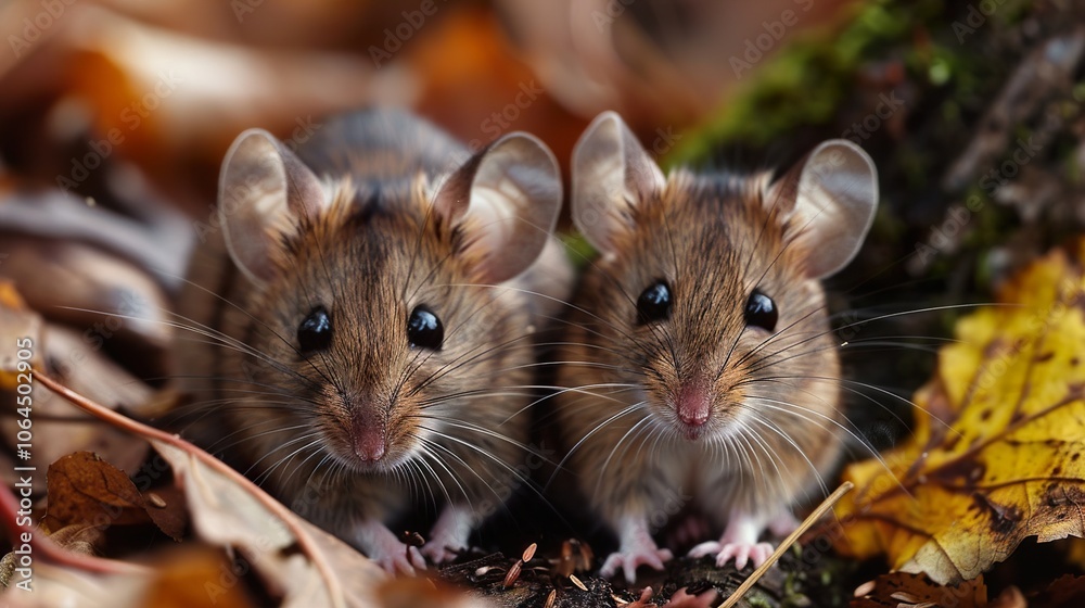 Two Adorable Mice in Autumn Leaves: Close Up Photography Two Adorable Mice in Autumn Leaves: Close Up Photography