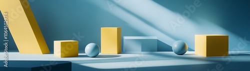 Abstract Minimalist Still Life with Yellow Cubes and Blue Spheres on a Blue Background