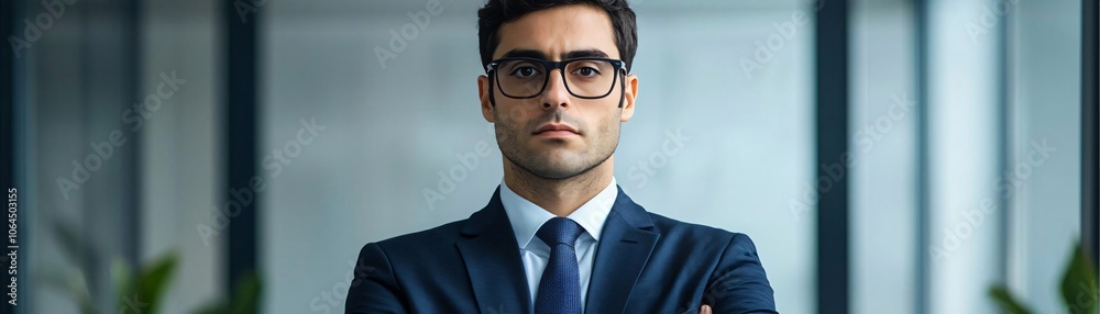 Confident business professional in suit and glasses, standing in modern office, ready for success in the corporate world.