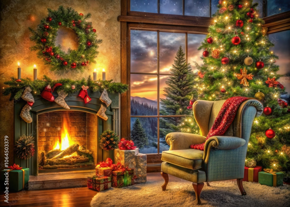 Create a warm holiday atmosphere with a comfy armchair, a festive tree, a glowing fireplace, a stocking full of gifts, and a beautiful wreath. Create a warm holiday atmosphere with a comfy armchair, a festive tree, a glowing fireplace, a stocking full of gifts, and a beautiful wreath.