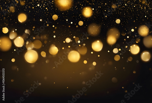 Abstract golden bokeh lights on a dark background, creating a festive and elegant atmosphere.