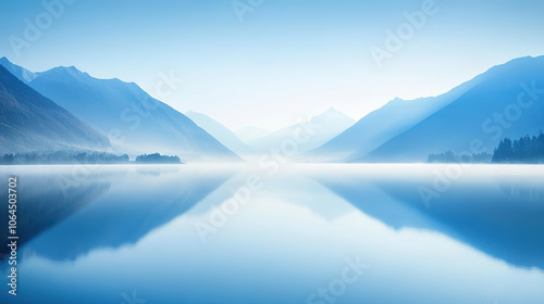 Chinese style blue landscape reflection freehand landscape painting