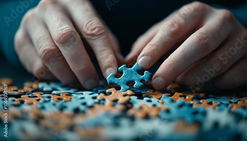 A close-up view of hands assembling a jigsaw puzzle with blue and orange pieces on a dark surface, showcasing focus and creativity.
