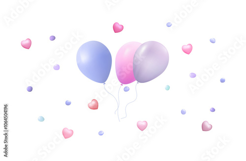 Flying balloons with hearts and confetti. Festive banner for party, anniversary, carnival. Romantic symbol of Valentine's Day, holiday, birthday. Balloons fly up. Party decoration or congratulations. 