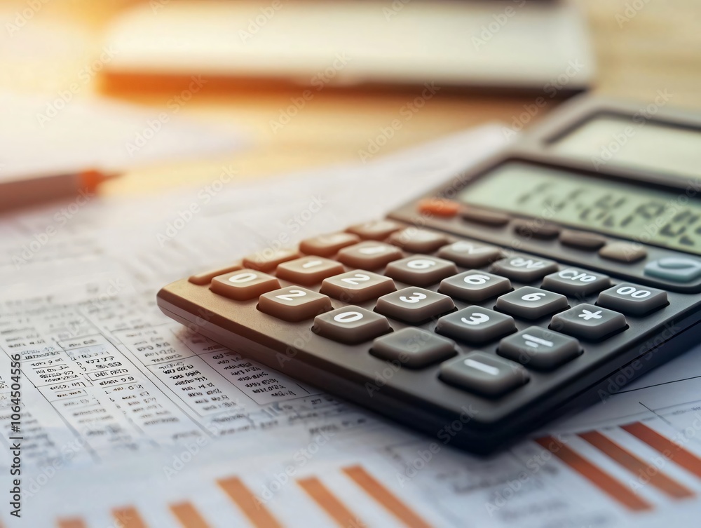 A detailed view of a calculator resting on financial documents, perfect for accounting or business projects. A detailed view of a calculator resting on financial documents, perfect for accounting or business projects.