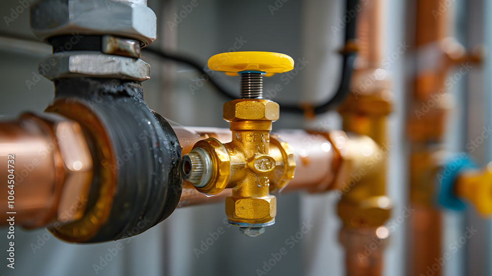Plumber turning water shut off valve. Copper plumbing pipe with brass water supply valve and yellow stopcock handle Plumber turning water shut off valve. Copper plumbing pipe with brass water supply valve and yellow stopcock handle