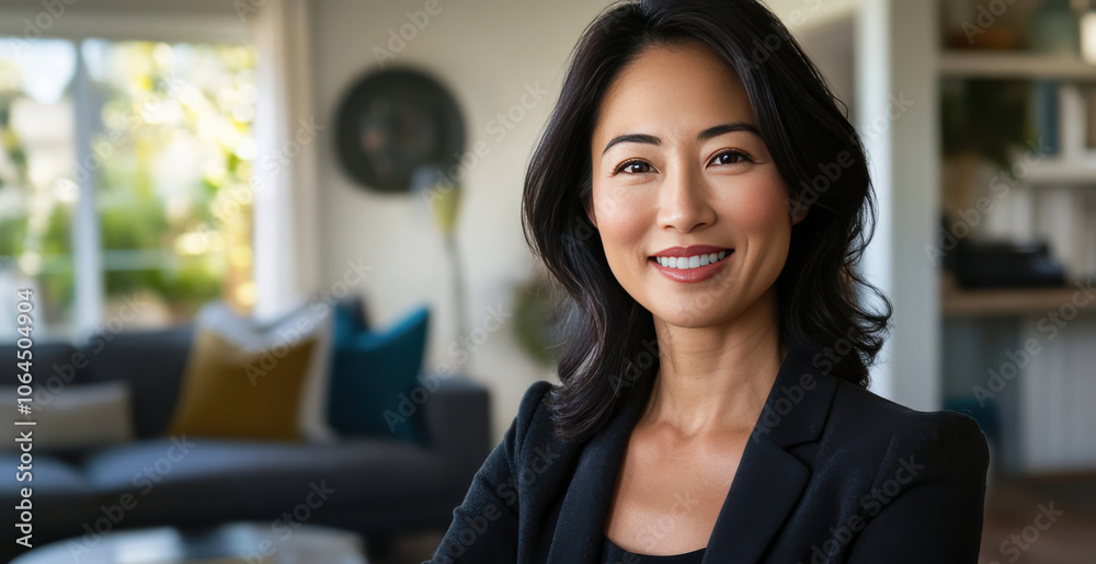 Confident Businesswoman Smiling in Modern Home Office Setting Confident Businesswoman Smiling in Modern Home Office Setting
