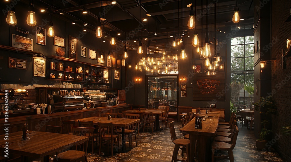 Warmly lit restaurant interior with wooden tables and chairs, patterned floor, and exposed brick walls.