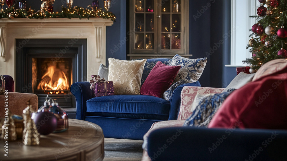 Living room interior with Christmas tree, holiday decorations and fireplace Living room interior with Christmas tree, holiday decorations and fireplace