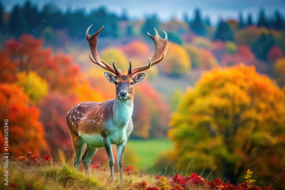 Fototapeta premium Fallow Deer Buck in Autumn Landscape - Stunning Aerial Drone Photography