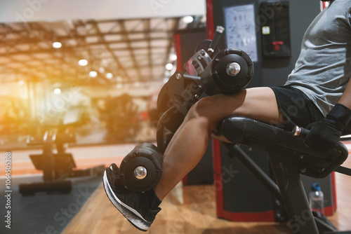 Man training legs in gym.   Young man doing leg extensions on machine at the gym.